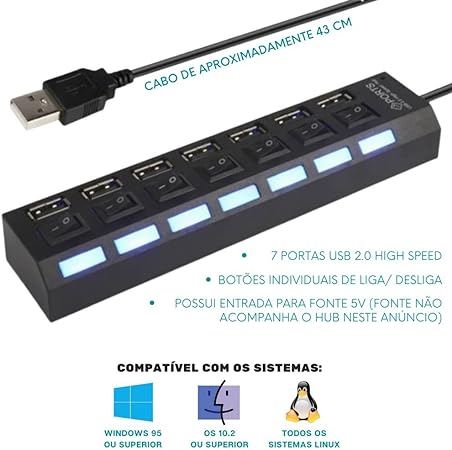 Hub Usb 7 Portas 2.0 Hd Extensor Pen Drive Mouse Teclado TV