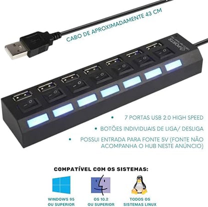 Hub Usb 7 Portas 2.0 Hd Extensor Pen Drive Mouse Teclado TV